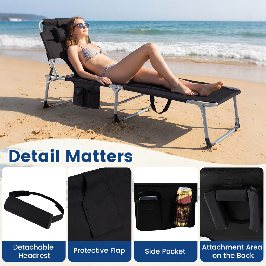 Portable Folding Chaise Lounge Chair Set of 2, Black - 4-Position Adjustable