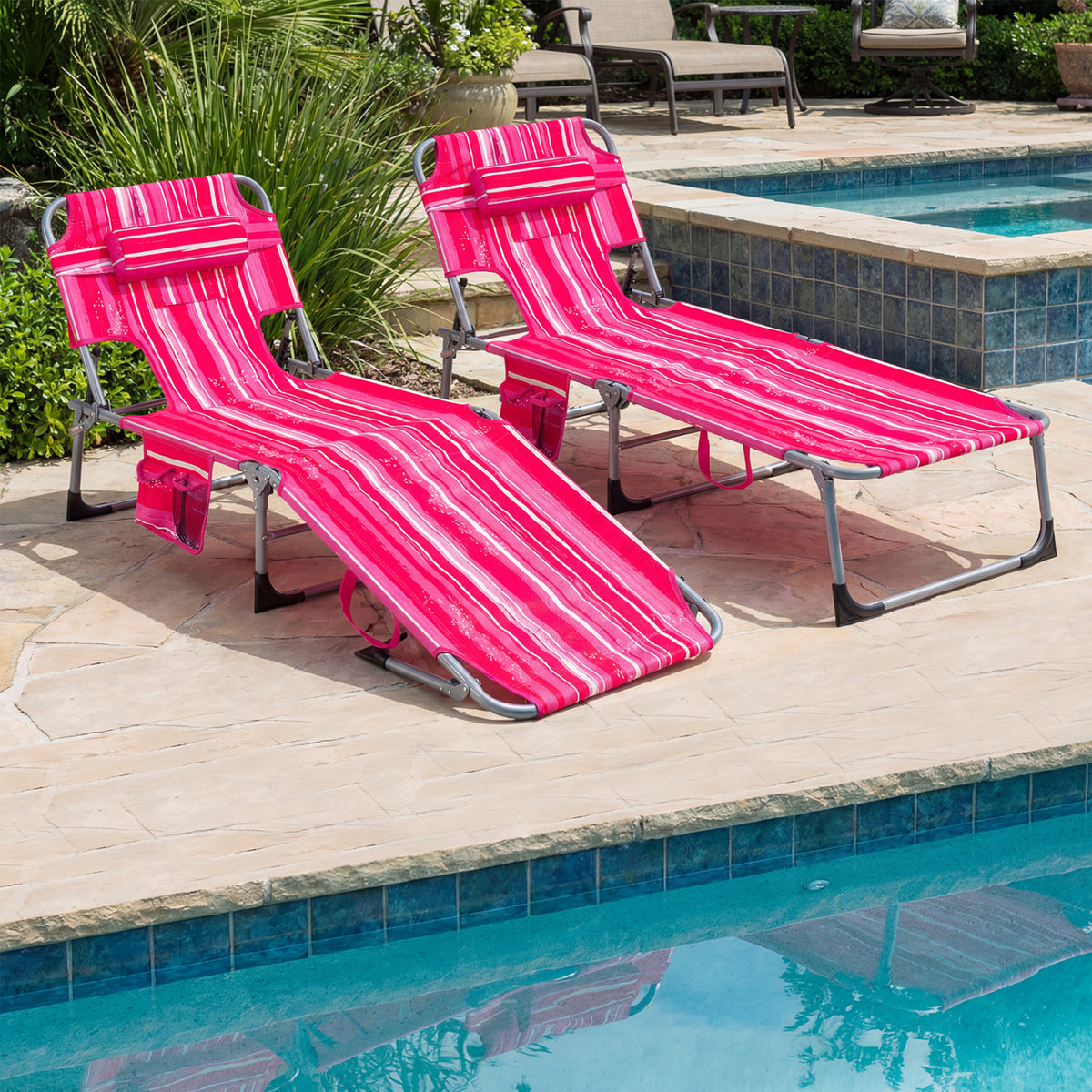 Folding Chaise Lounge Chair Set of 2, 4-Position Adjustable - Pink Stripe