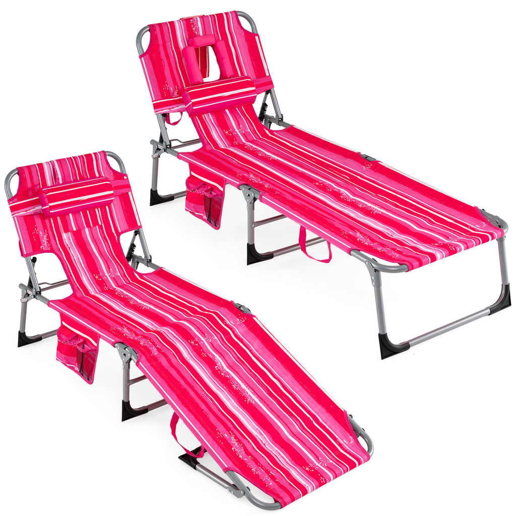 Folding Chaise Lounge Chair Set of 2, 4-Position Adjustable - Pink Stripe