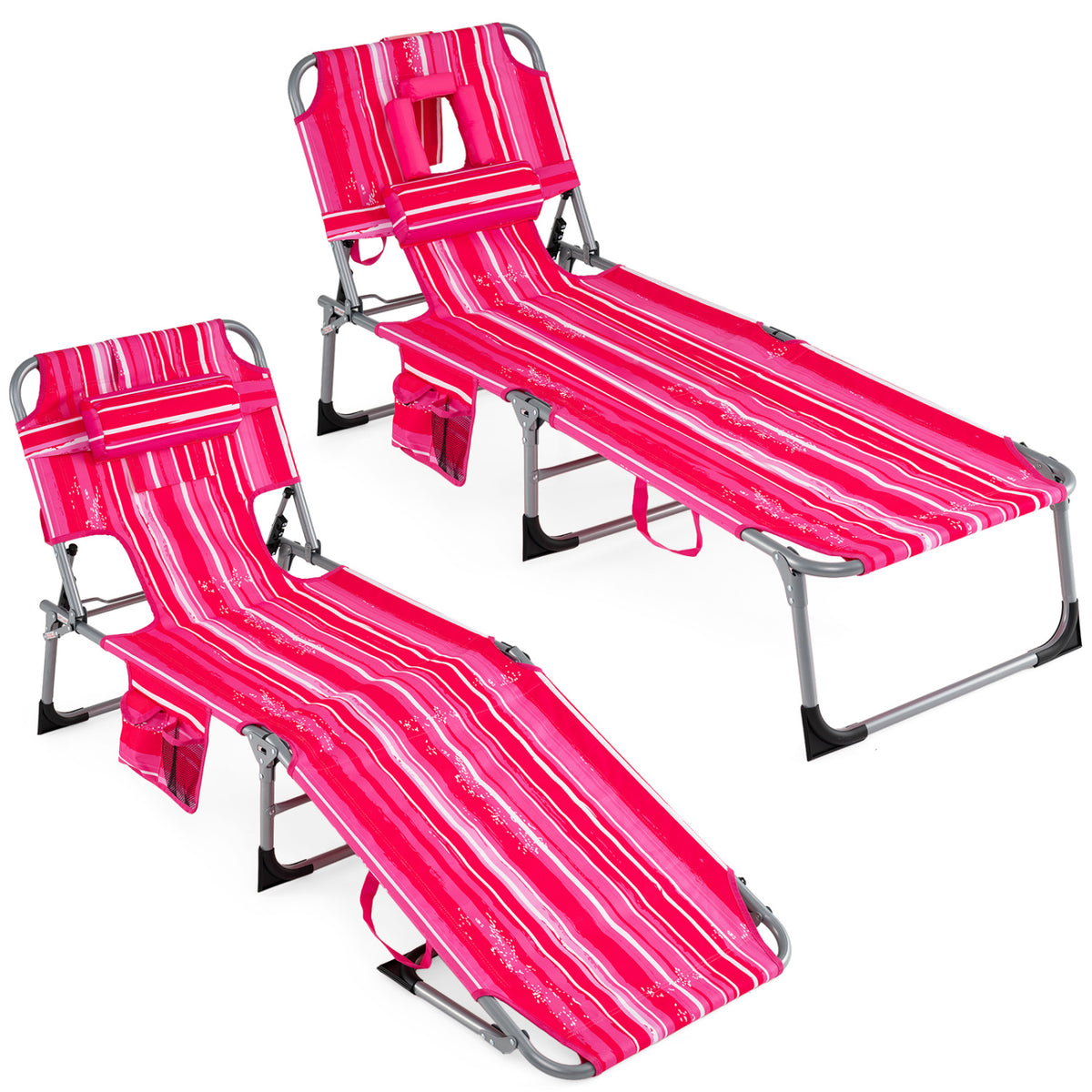 Folding Chaise Lounge Chair Set of 2, 4-Position Adjustable - Pink Stripe
