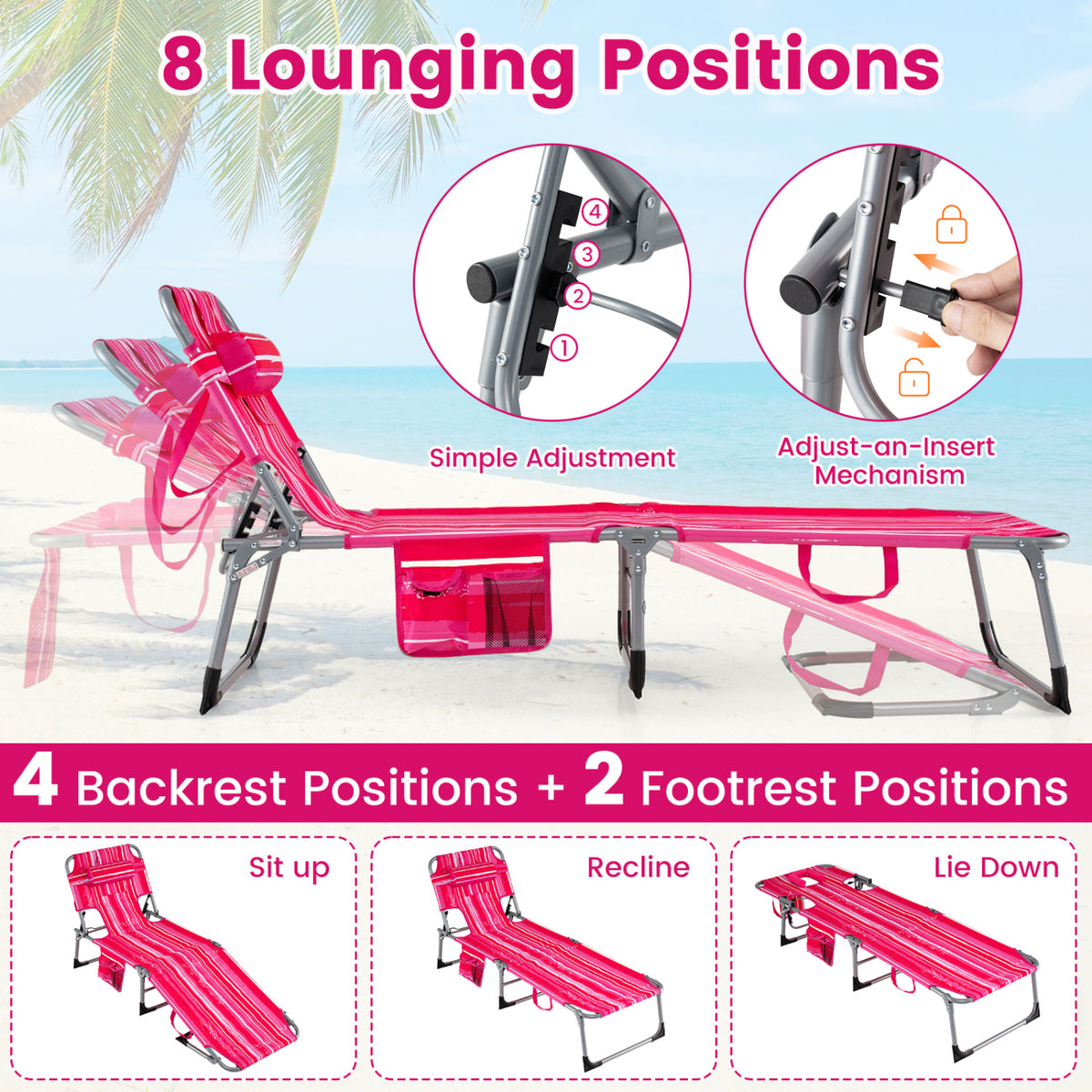 Folding Chaise Lounge Chair Set of 2, 4-Position Adjustable - Pink Stripe