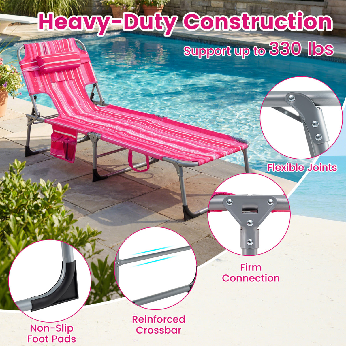 Folding Chaise Lounge Chair Set of 2, 4-Position Adjustable - Pink Stripe