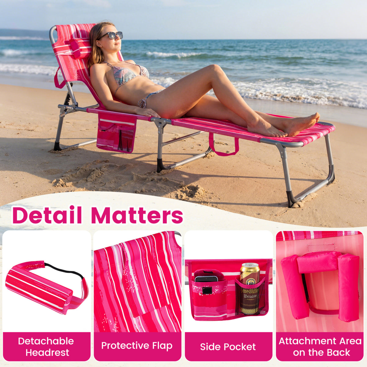 Folding Chaise Lounge Chair Set of 2, 4-Position Adjustable - Pink Stripe