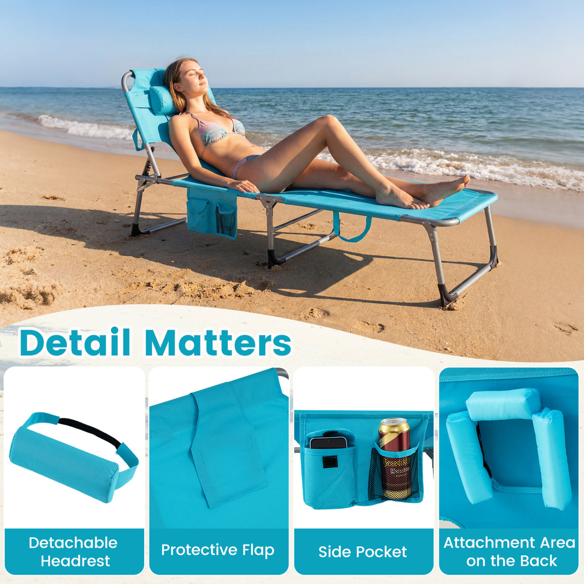 Set of 2 Portable Folding Chaise Lounge Chair with 4-Position