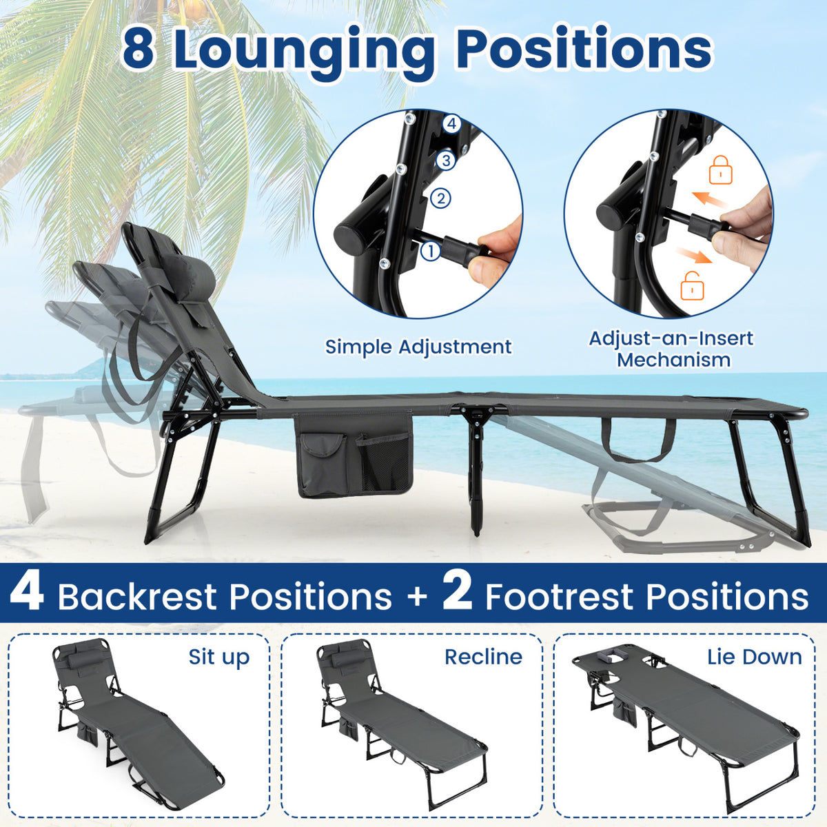 Set of 2 Portable Folding Chaise Lounge Chair with 4-Position