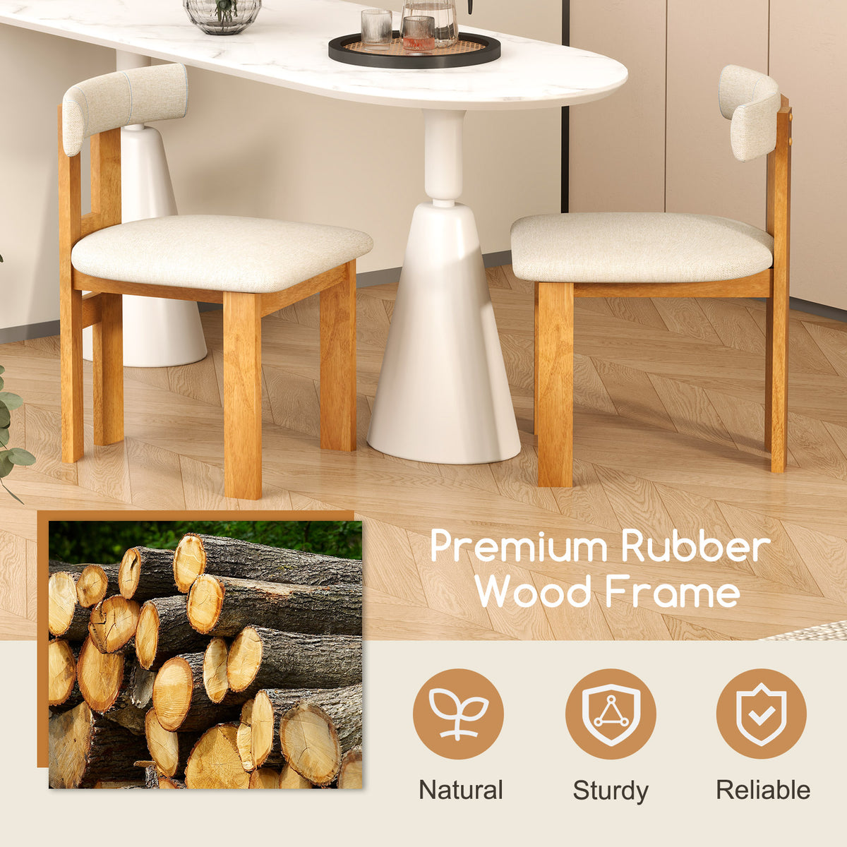Dining Chair Set of 2 Upholstered Kitchen Chair - Natural