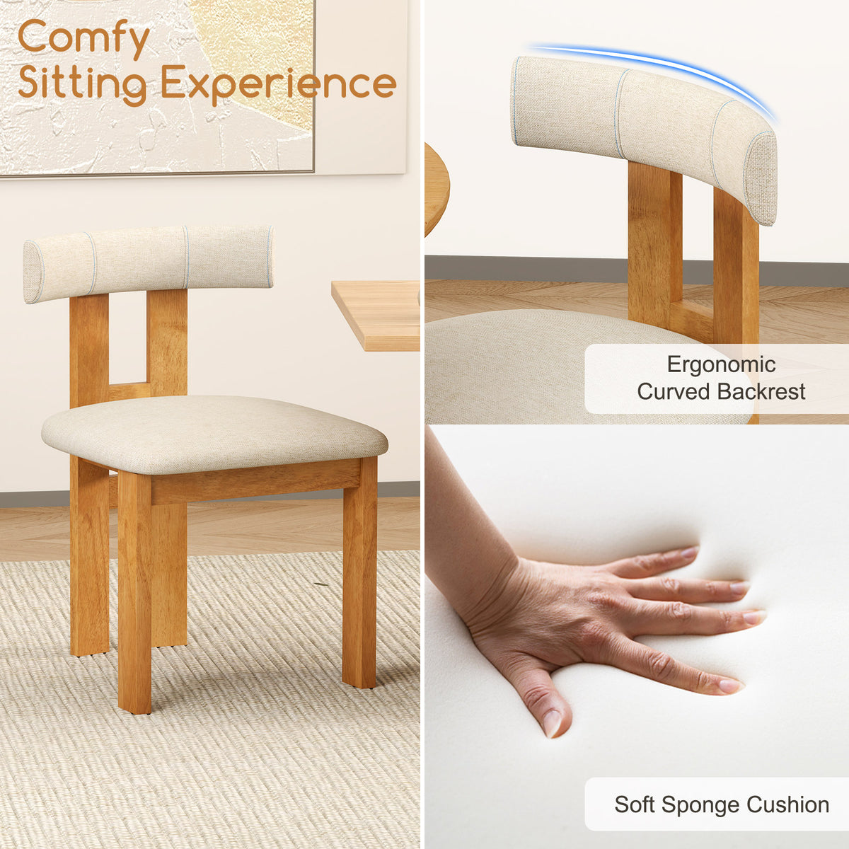 Dining Chair Set of 2 Upholstered Kitchen Chair - Natural