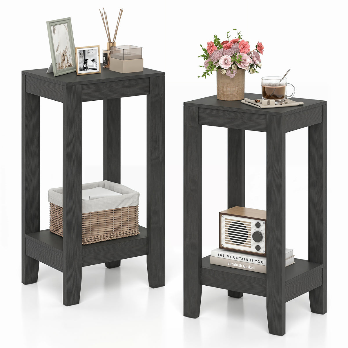 2-Tier End Tables with Storage Shelf Set of 2 - Black