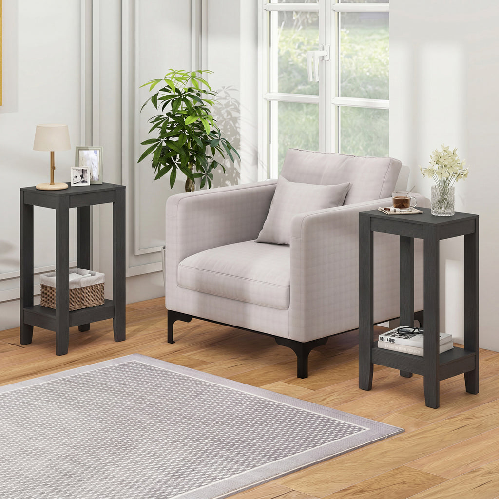 2-Tier End Tables with Storage Shelf Set of 2 - Black