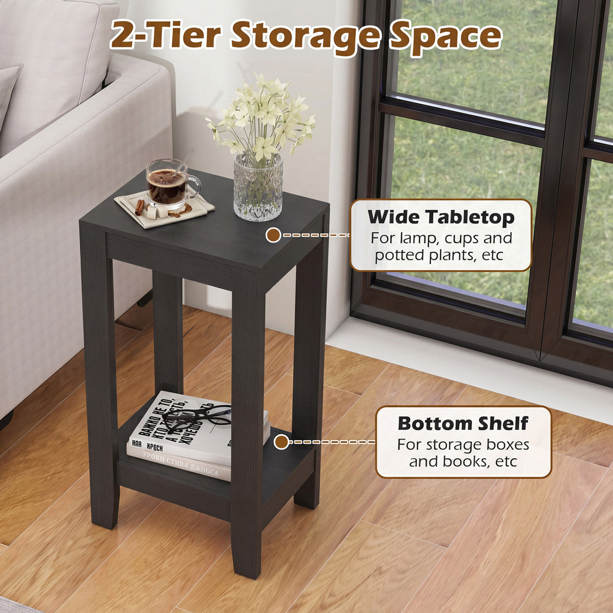 2-Tier End Tables with Storage Shelf Set of 2 - Black