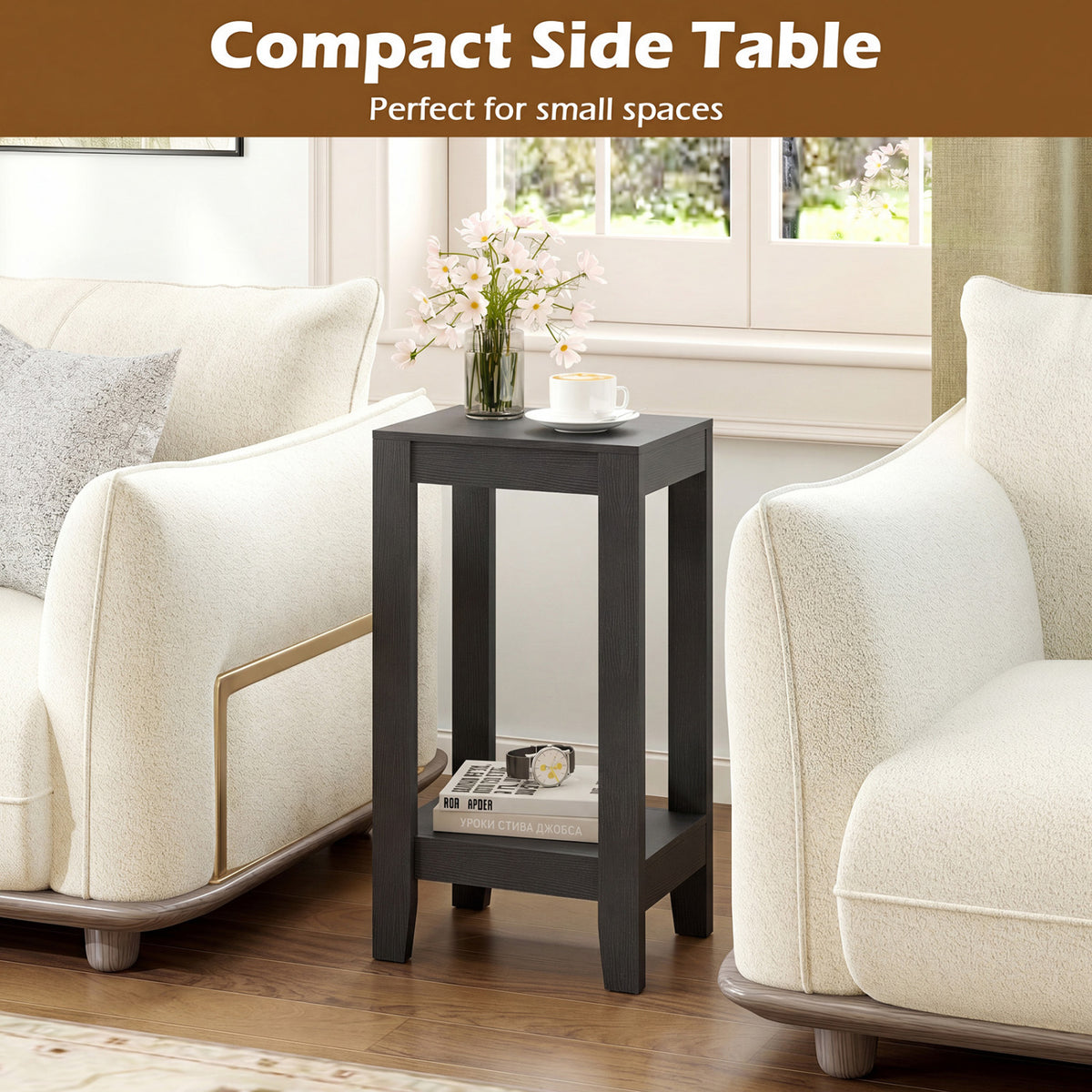 2-Tier End Tables with Storage Shelf Set of 2 - Black