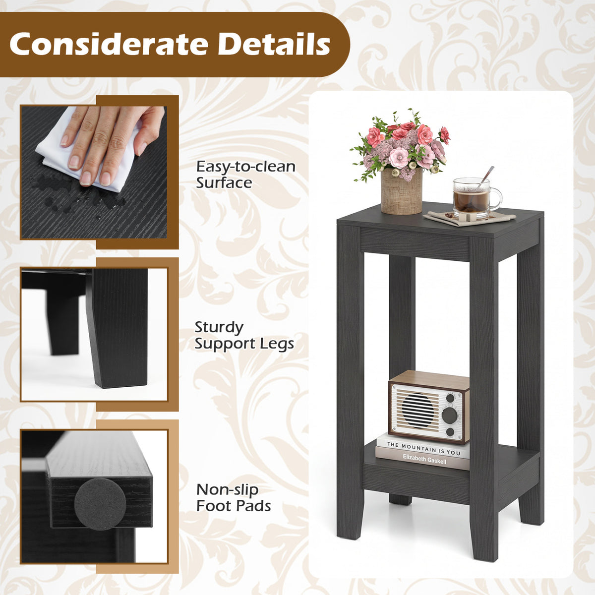 2-Tier End Tables with Storage Shelf Set of 2 - Black