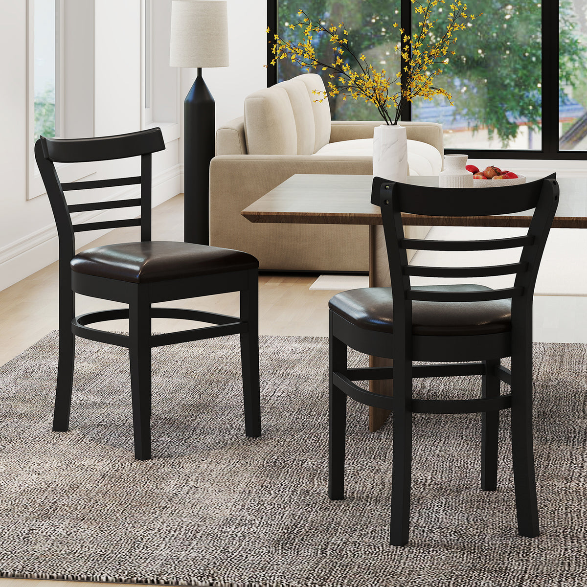 Wooden Dining Chairs Set of 2 with Rubber Wood Legs - Black