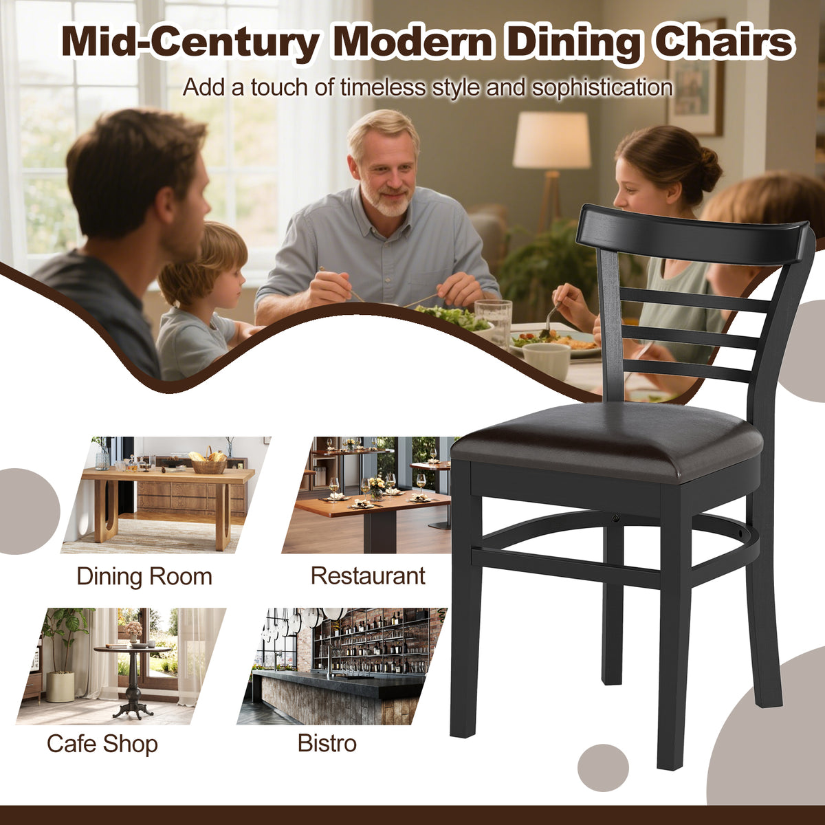 Wooden Dining Chairs Set of 2 with Rubber Wood Legs - Black