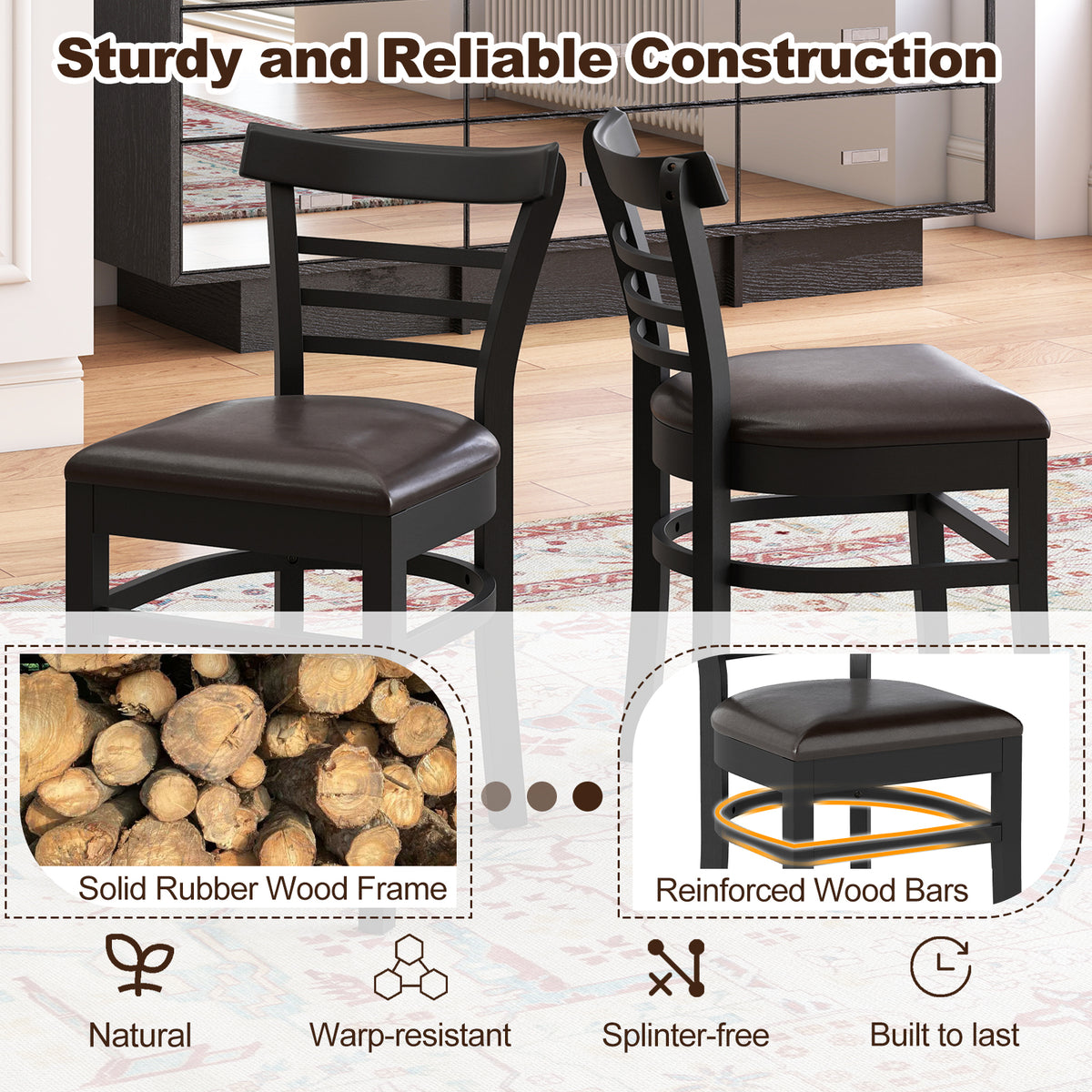 Wooden Dining Chairs Set of 2 with Rubber Wood Legs - Black