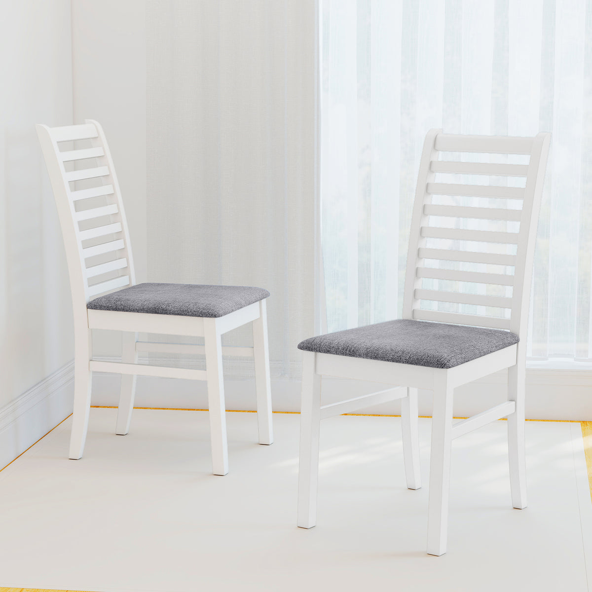 Set of 2 Wooden Dining Chairs with Padded Seats, Ladder High Back – White