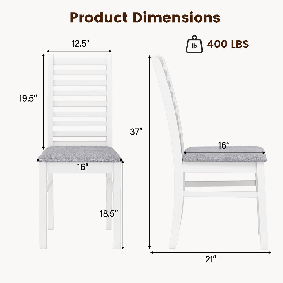 Set of 2 Wooden Dining Chairs with Padded Seats, Ladder High Back – White