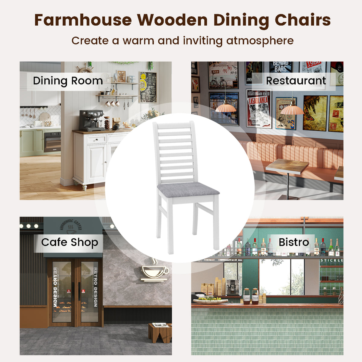 Set of 2 Wooden Dining Chairs with Padded Seats, Ladder High Back – White