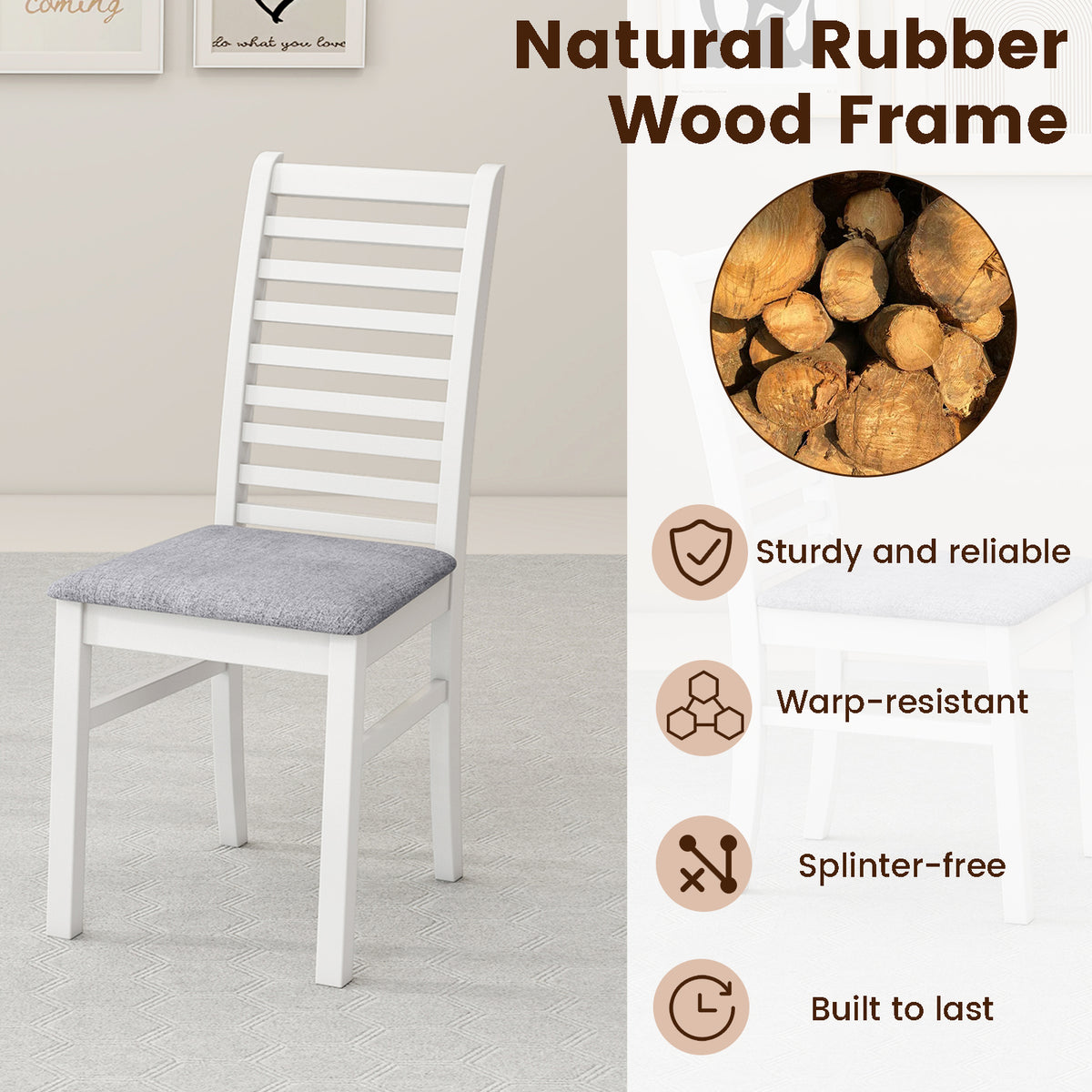 Set of 2 Wooden Dining Chairs with Padded Seats, Ladder High Back – White