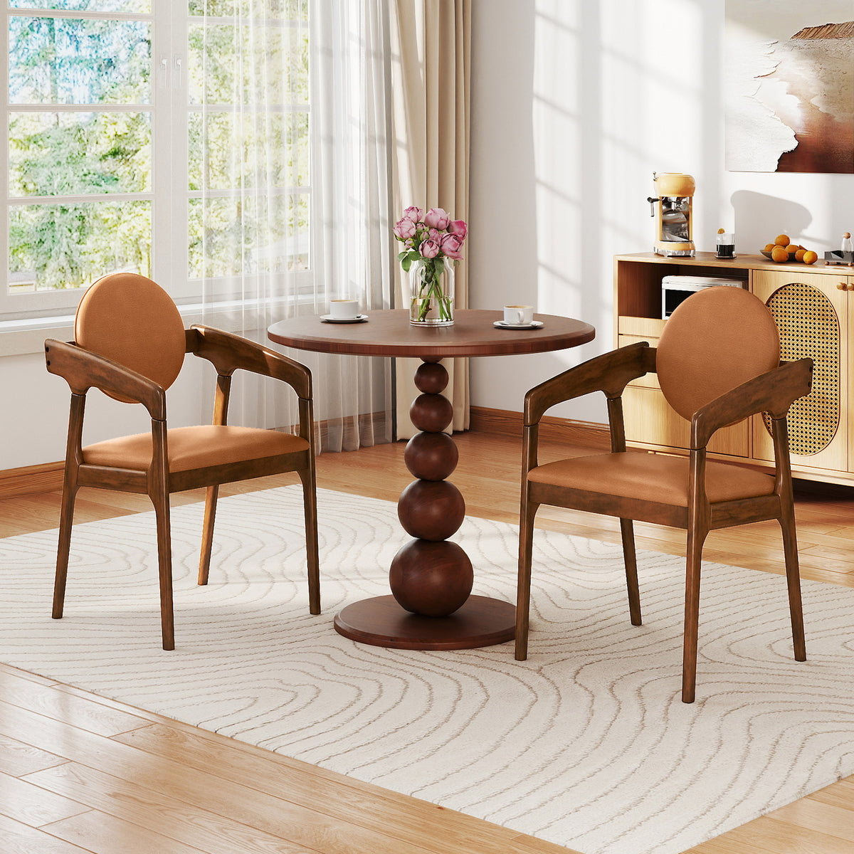 Wooden Dining Chair Set of 2 with PU Leather Armrests - Brown