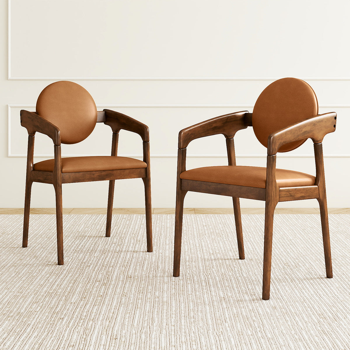 Wooden Dining Chair Set of 2 with PU Leather Armrests - Brown