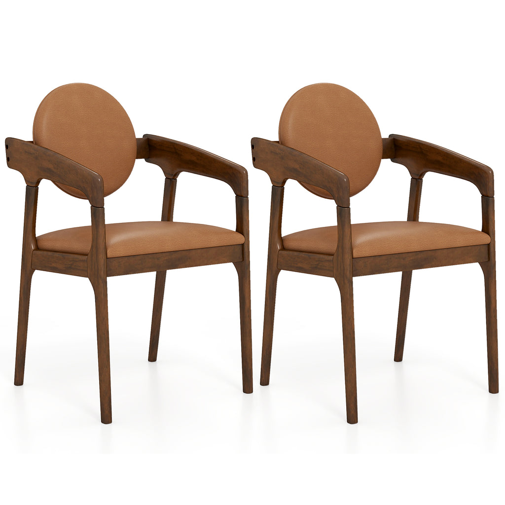 Wooden Dining Chair Set of 2 with PU Leather Armrests - Brown