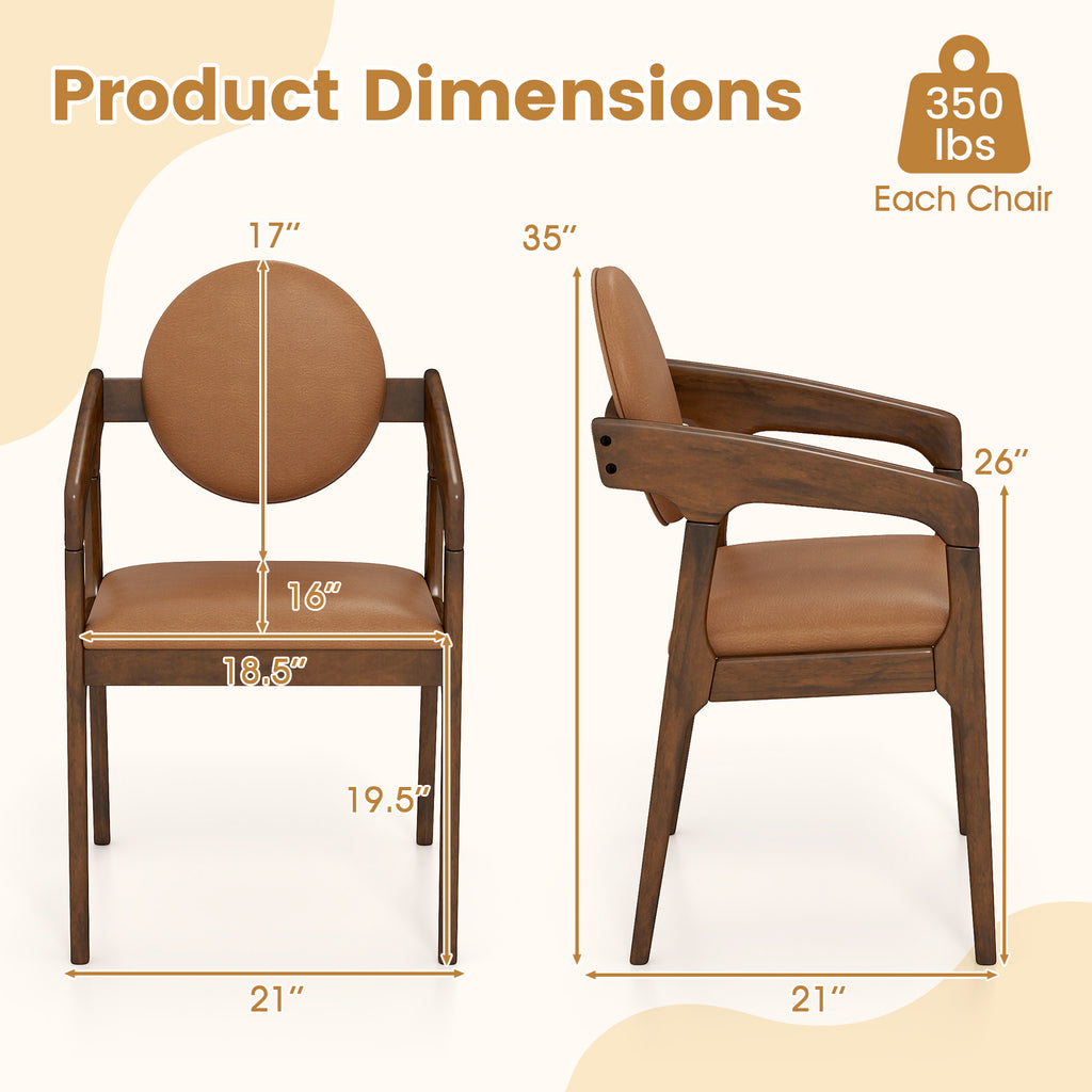 Wooden Dining Chair Set of 2 with PU Leather Armrests - Brown