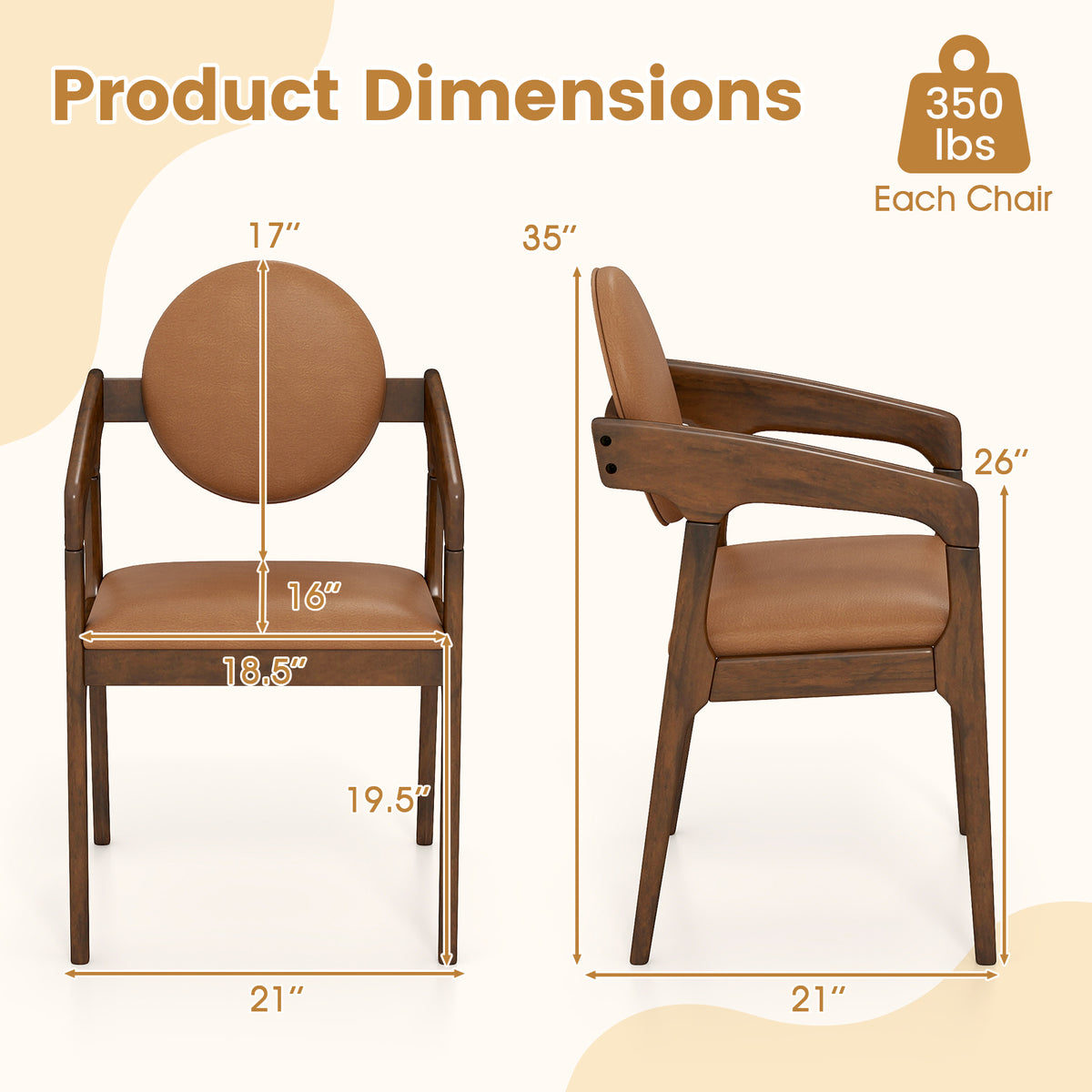 Wooden Dining Chair Set of 2 with PU Leather Armrests - Brown