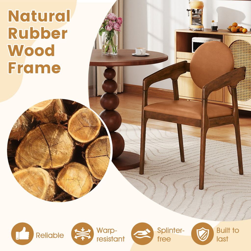 Wooden Dining Chair Set of 2 with PU Leather Armrests - Brown