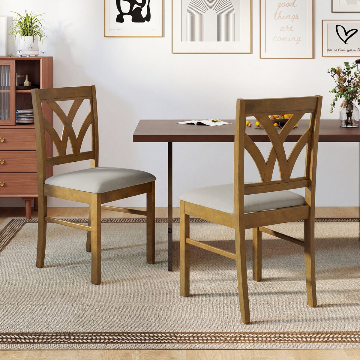 Set of 2 Wooden Dining Chairs Upholstered Padded Seat - Walnut-Wave Pattern, Oak