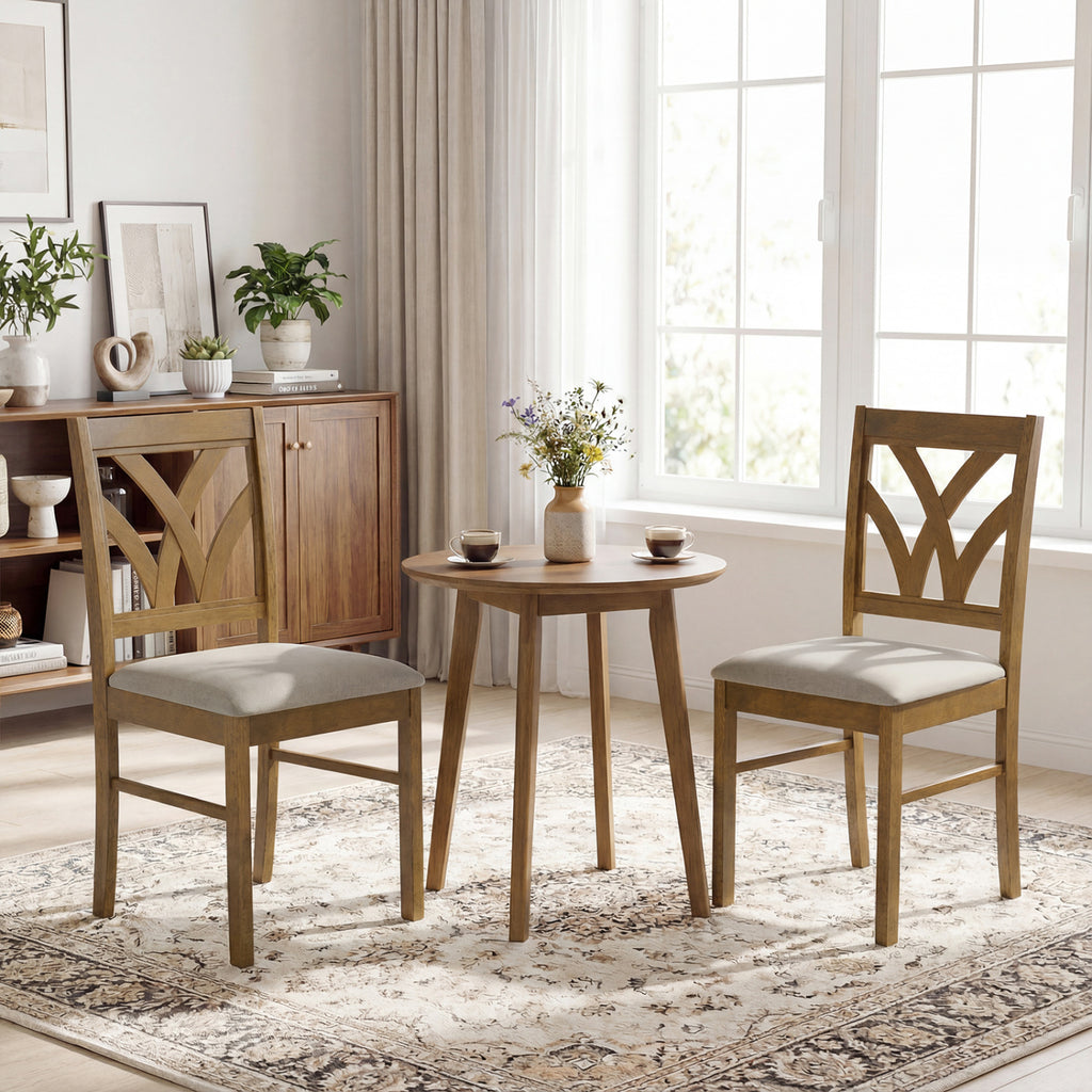 Set of 2 Wooden Dining Chairs Upholstered Padded Seat - Walnut-Wave Pattern, Oak