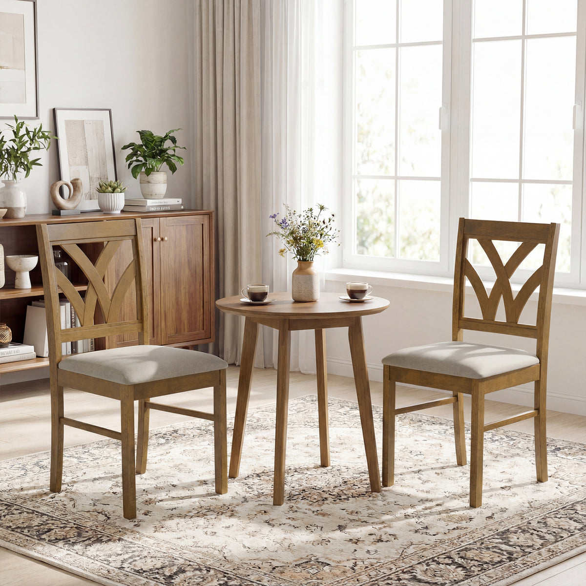 Set of 2 Wooden Dining Chairs Upholstered Padded Seat - Walnut-Wave Pattern, Oak