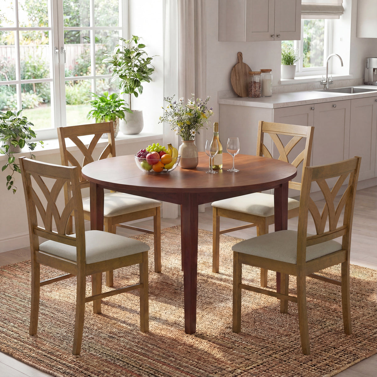 Set of 2 Wooden Dining Chairs Upholstered Padded Seat - Walnut-Wave Pattern, Oak