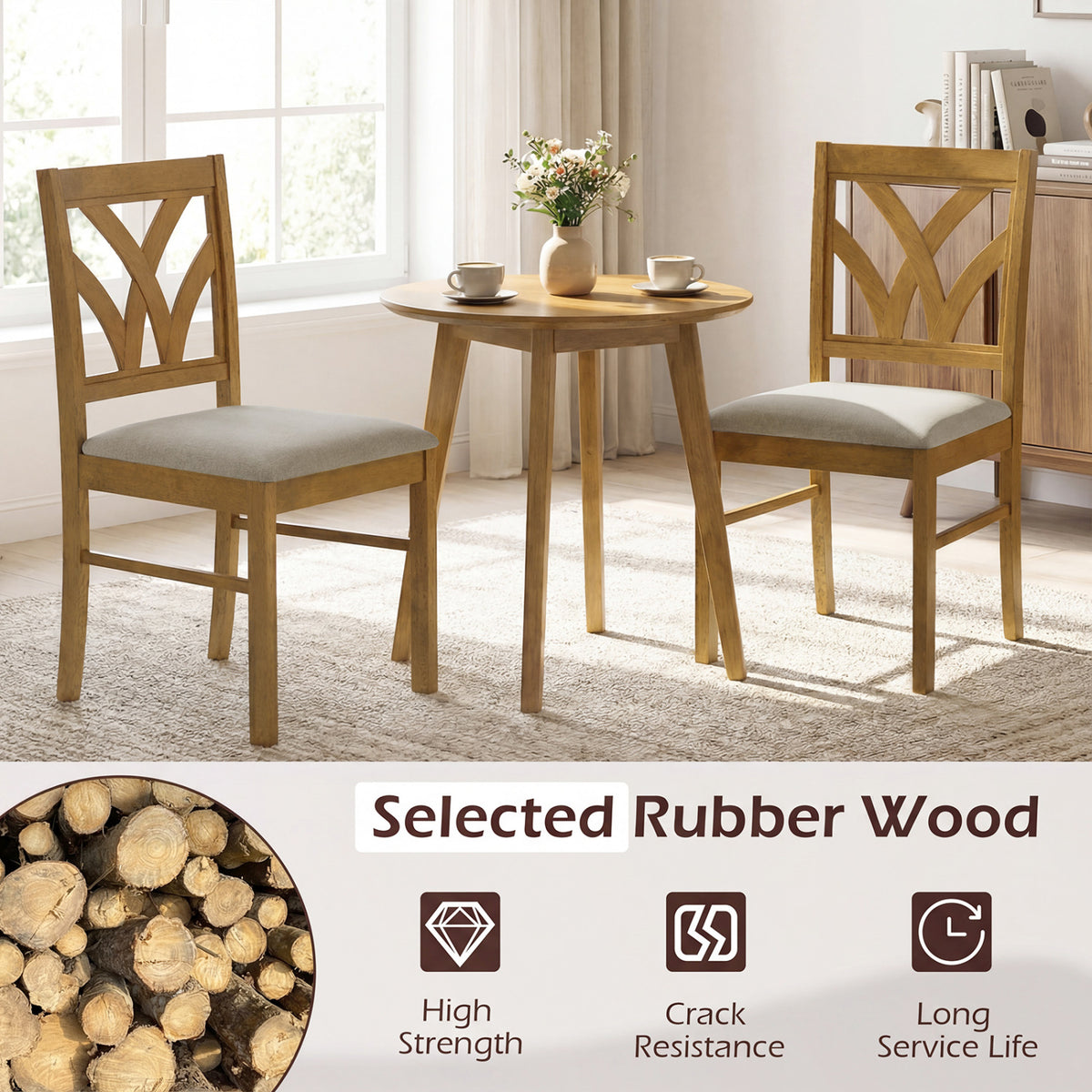 Set of 2 Wooden Dining Chairs Upholstered Padded Seat - Walnut-Wave Pattern, Oak