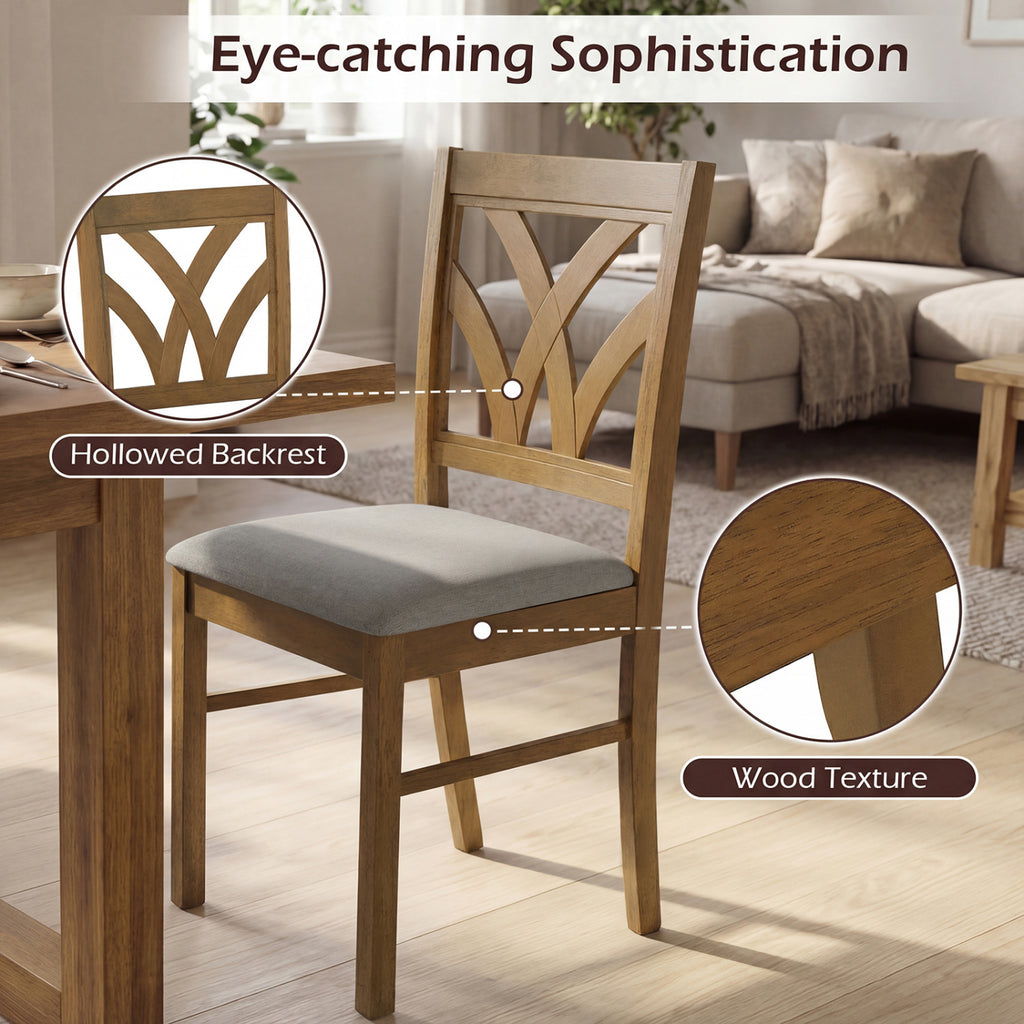 Set of 2 Wooden Dining Chairs Upholstered Padded Seat - Walnut-Wave Pattern, Oak