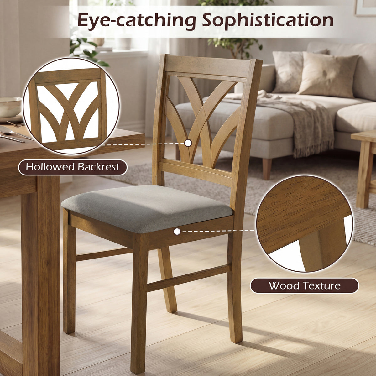 Set of 2 Wooden Dining Chairs Upholstered Padded Seat - Walnut-Wave Pattern, Oak