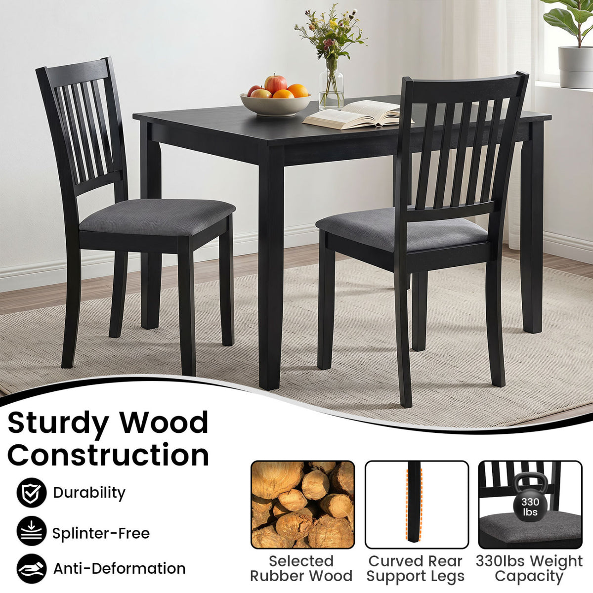 Set of 2 Upholstered Dining Chairs with Wooden Frame, Black