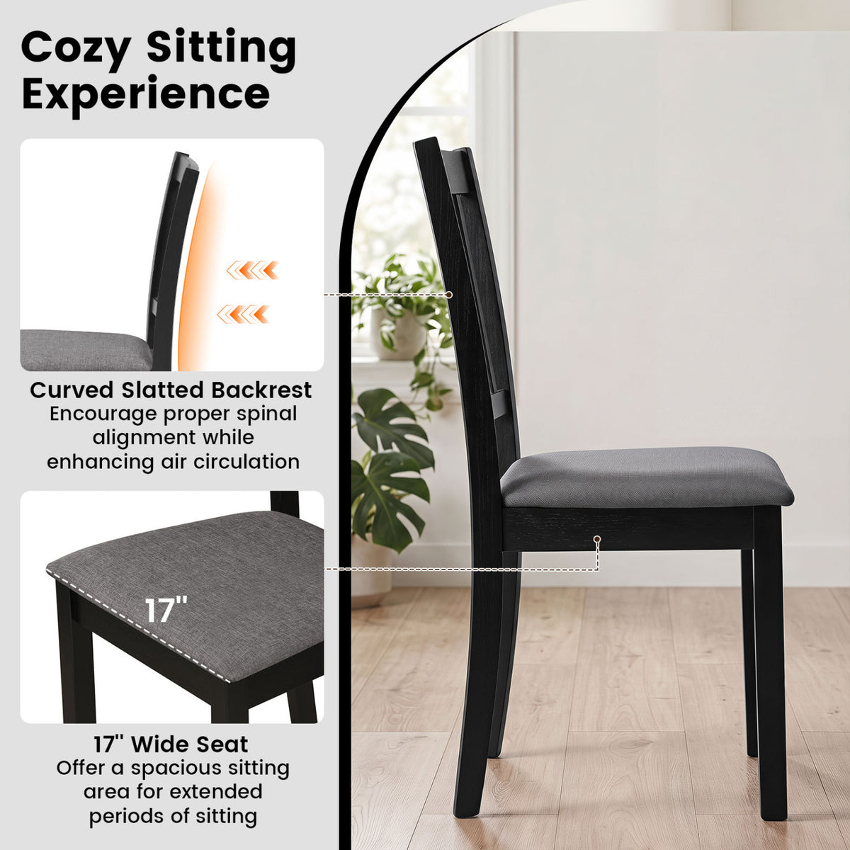 Set of 2 Upholstered Dining Chairs with Wooden Frame, Black
