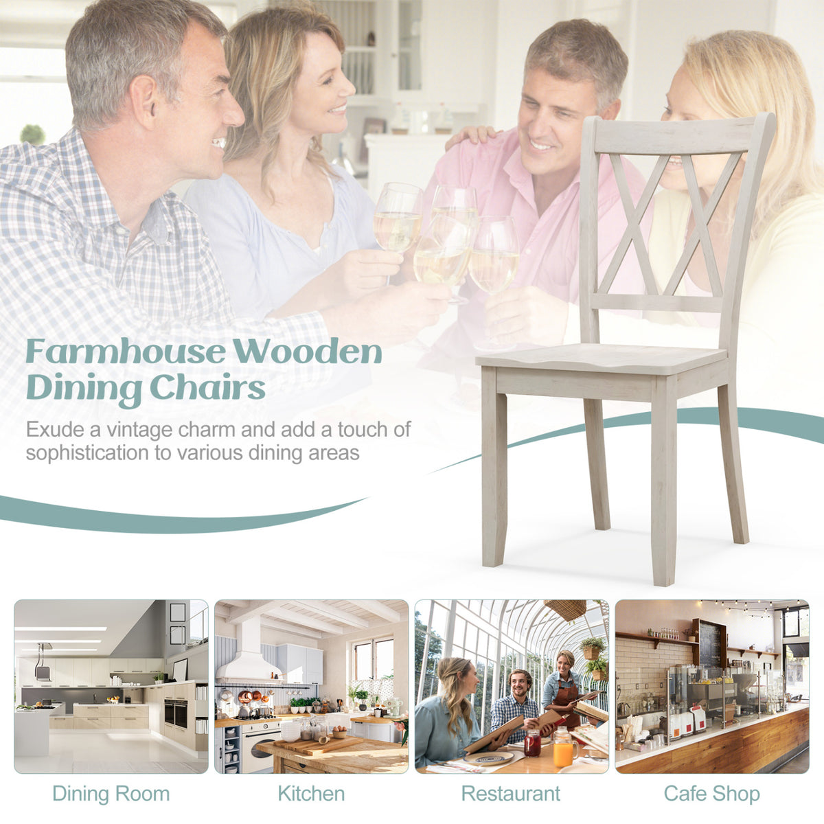 Wooden Dining Chairs Set of 2 Mid Century Farmhouse - White