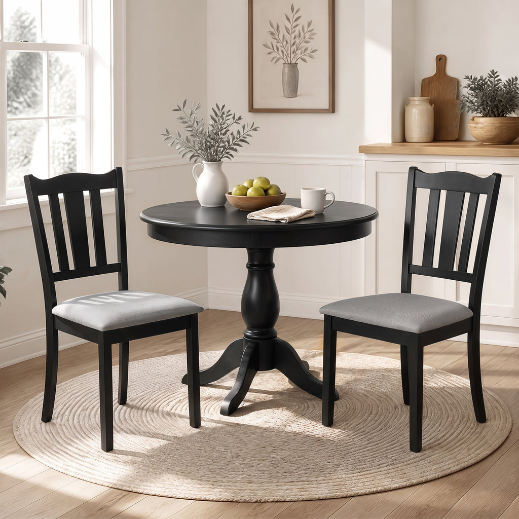 Wooden Dining Chair Set of 2 - Black with Padded Cushion