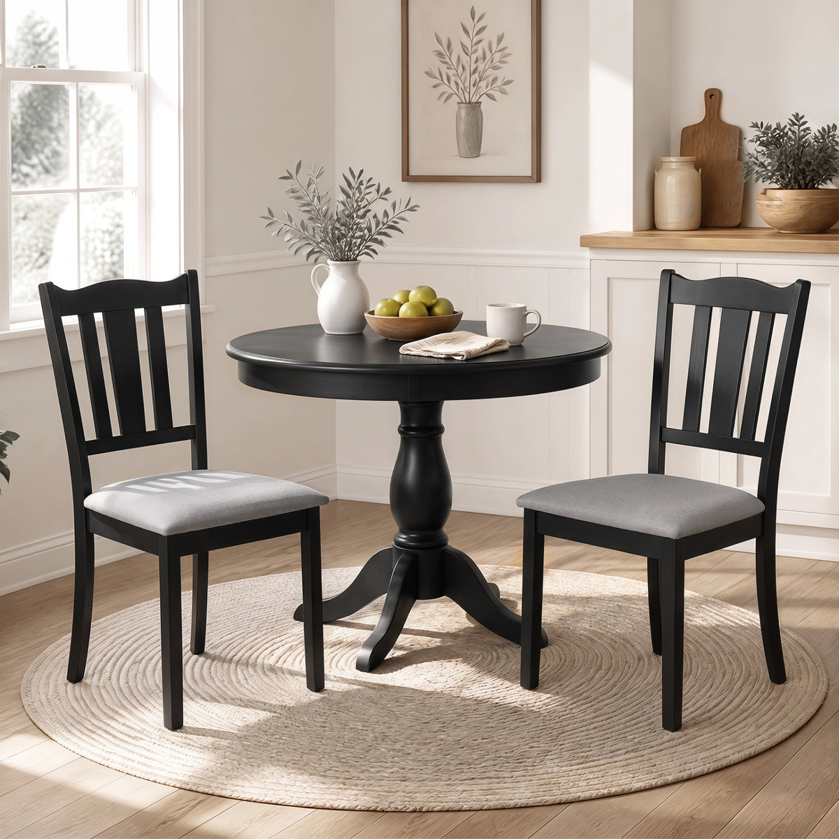Wooden Dining Chair Set of 2 - Black with Padded Cushion