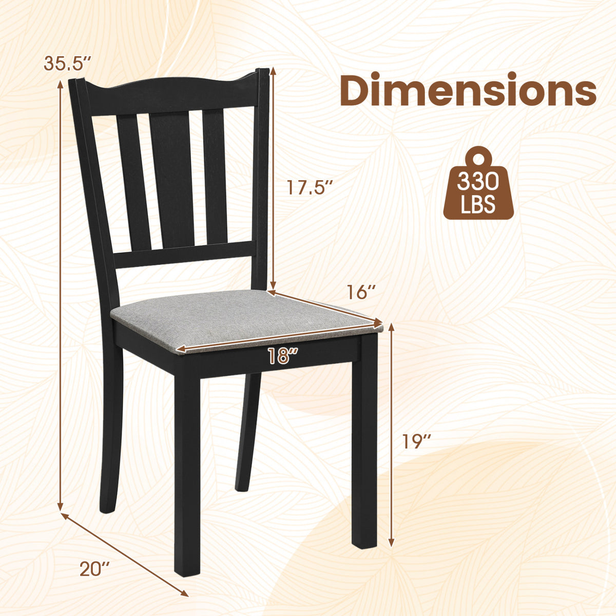 Wooden Dining Chair Set of 2 - Black with Padded Cushion