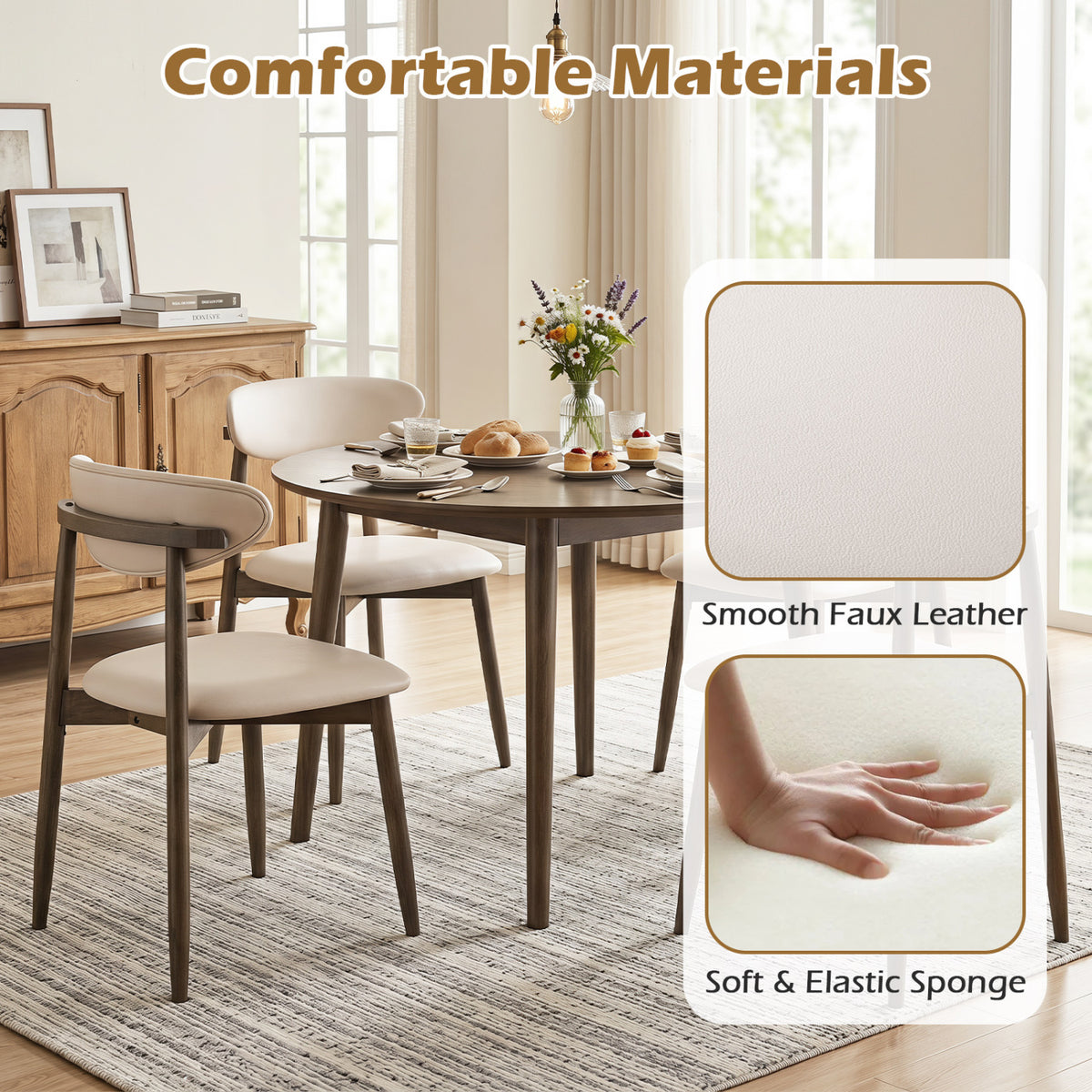 Upholstered Dining Chairs Set of 2, Beige Faux Leather