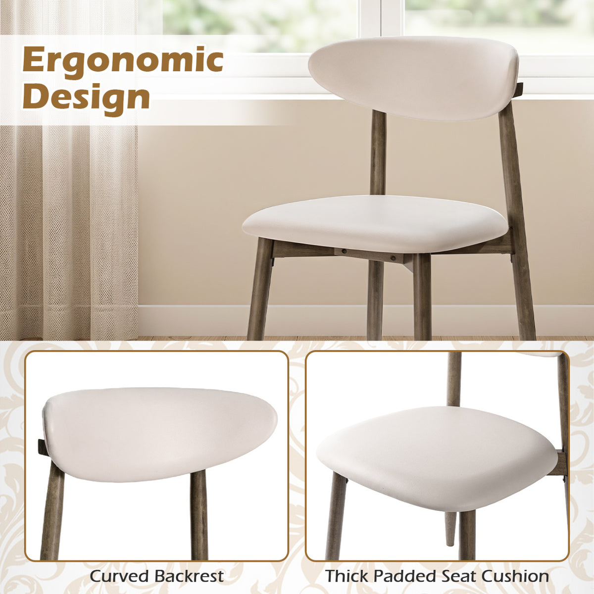 Upholstered Dining Chairs Set of 2, Beige Faux Leather