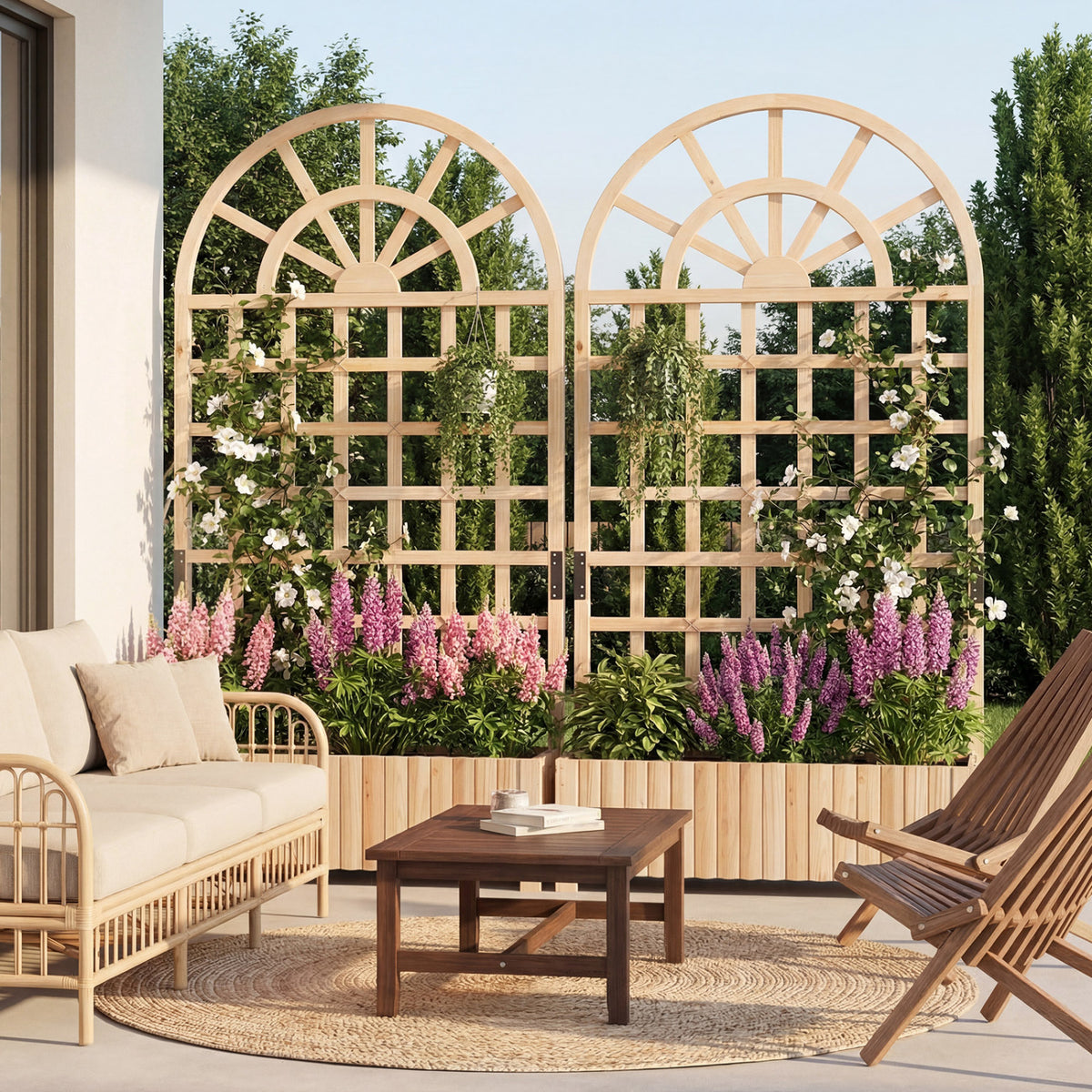 Wooden Raised Garden Bed with Trellis 71" Set of 2, Natural