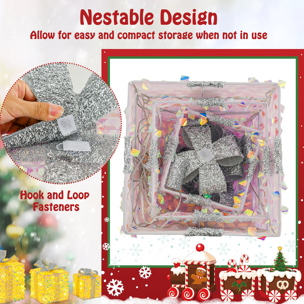 Set of 3 Christmas Lighted Gift Boxes with Pre-lit 90 LED Lights & Bows - Festive Holiday Decor