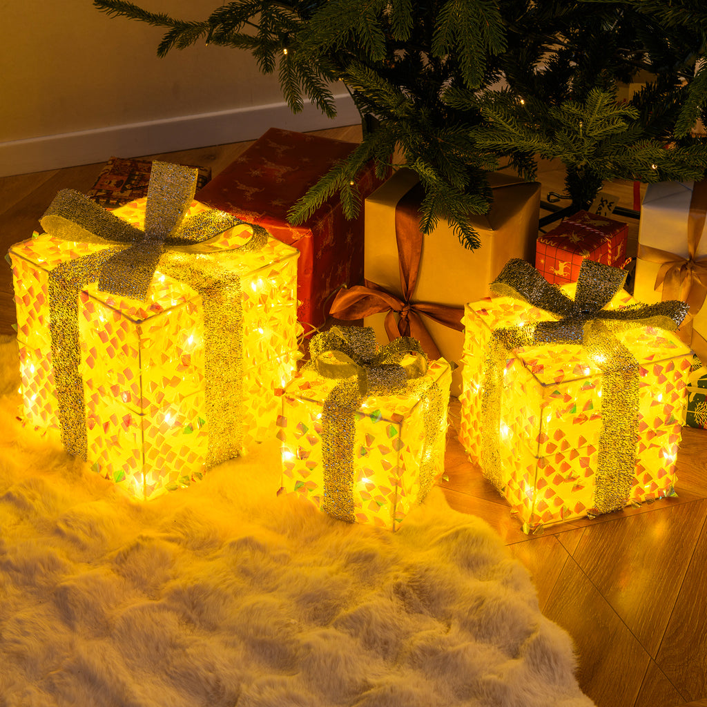 Set of 3 Christmas Lighted Gift Boxes with Pre-lit 90 LED Lights & Bows - Festive Holiday Decor