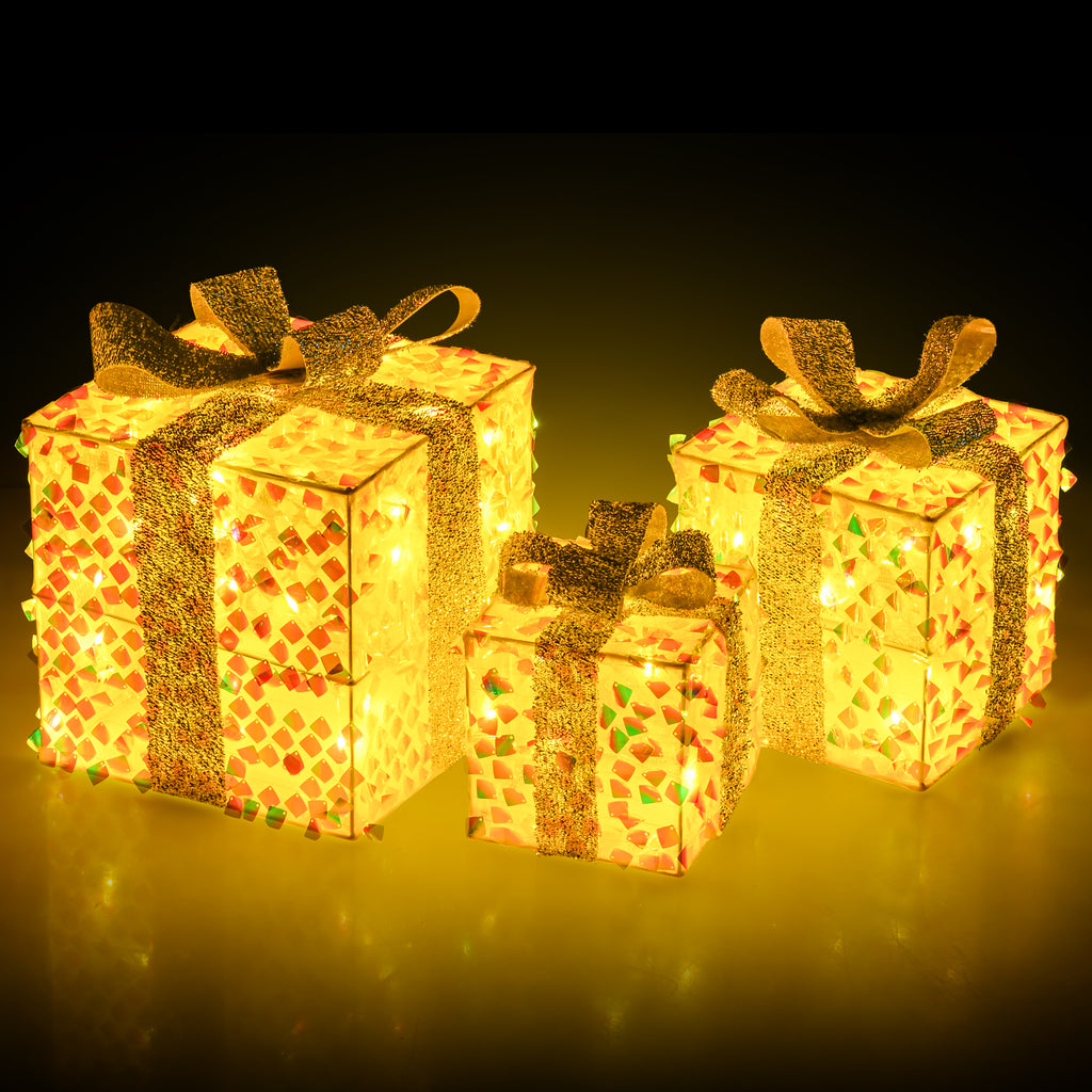 Set of 3 Christmas Lighted Gift Boxes with Pre-lit 90 LED Lights & Bows - Festive Holiday Decor