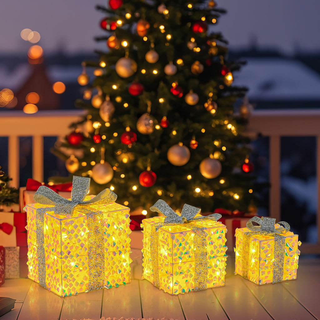 Set of 3 Christmas Lighted Gift Boxes with Pre-lit 90 LED Lights & Bows - Festive Holiday Decor
