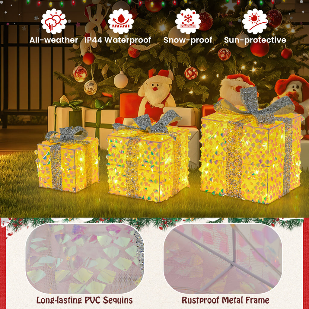 Set of 3 Christmas Lighted Gift Boxes with Pre-lit 90 LED Lights & Bows - Festive Holiday Decor